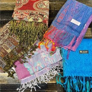 Boho Scarf Pashmina Fringe Bundle Cashmere, Wool & Woven Wraps 5 Scarves Total